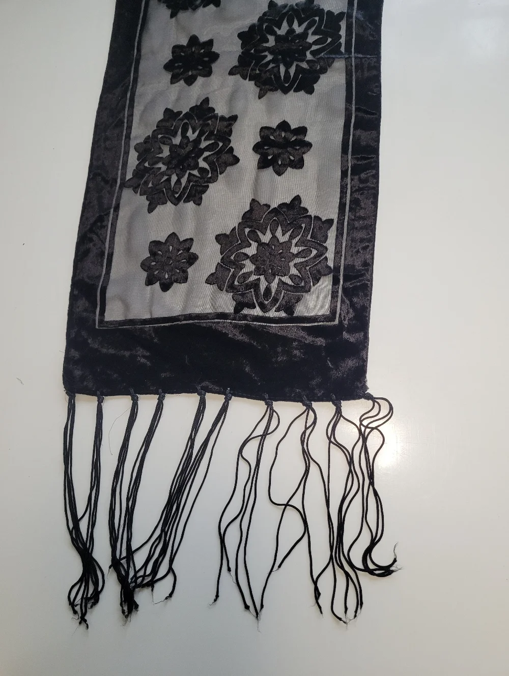 Whimsigoth Crushed Velvet Floral Sheer Lightweight Black Scarf W Long Fringe